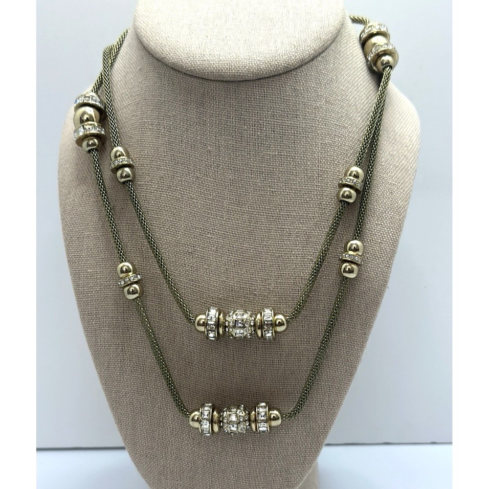 Chico's Elegant Gold Tone Crystal Station Necklace Multi Strand 36" Long